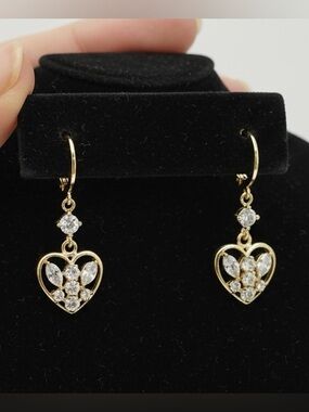 Gold Plated Heart Drop Earrings with Clear Stones - Women Jewelry